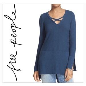 Free People Women's Blue Crisscross V-Neck Top
